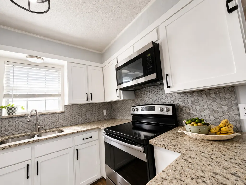 Close-up of refaced cabinet doors and hardware