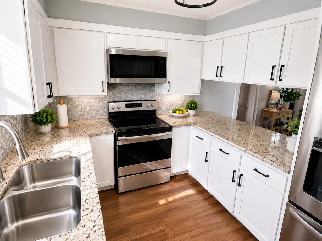 White Shaker cabinet refacing with black hardware